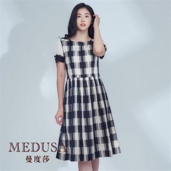 現貨【MEDUSA 曼度莎】典雅微光澤感黑格洋裝（M-2L）｜洋裝 連身裙 禮服 冬新品