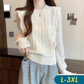 【CHACO】/預購/韓系中大碼法式泡泡雪紡袖蕾絲針織上衣#8808