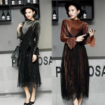【韓國K.W.】秋冬現貨新品-完美輕奢華二件式二穿蕾絲絲絨洋裝