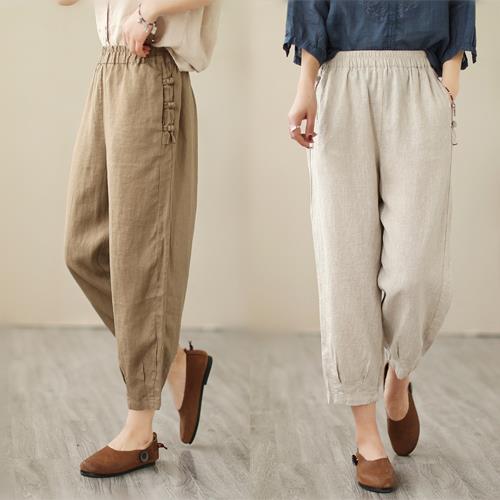 【10衣綾】設計感盤扣造型棉麻哈倫褲(百搭/透氣/舒適/3色M-2XL/KDPQ-6319)