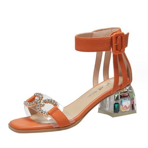 JP Queen New York 繽紛水鑽方頭透明女士一字扣帶粗跟涼鞋(3色可選)