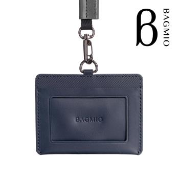 BAGMIO 牛皮橫式雙卡證件套-藍 (附織帶)