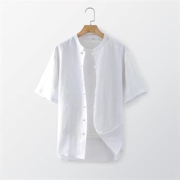 【米蘭精品】亞麻襯衫短袖上衣-中式盤扣休閒透氣男上衣5色74ev2