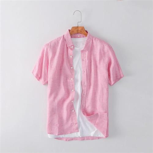 【米蘭精品】亞麻襯衫短袖上衣-寬鬆粉色格子休閒男上衣74ev14