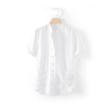 【米蘭精品】亞麻襯衫短袖上衣-簡約復古純色舒適男上衣5色74ev3