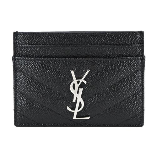 YSL MONOGRAM系列V字縫線魚子醬牛皮名片夾(黑/銀)