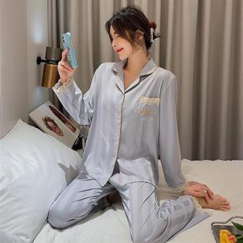 【米蘭精品】睡衣套裝長袖休閒服-冰絲緞面條紋長褲女居家服5色74fu56