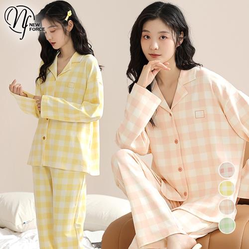 NEW FORCE 甜美格子翻領長袖居家睡衣-4色可選