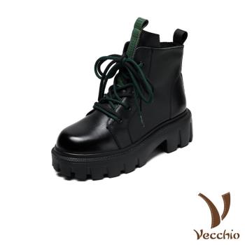 【VECCHIO】短靴 粗跟短靴/全真皮頭層牛皮復古撞色繫帶粗跟短靴 黑