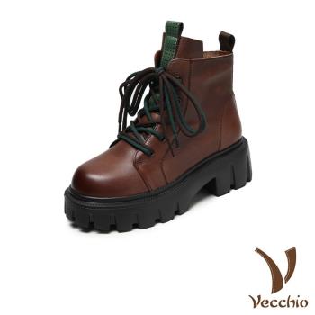 【VECCHIO】短靴 粗跟短靴/全真皮頭層牛皮復古撞色繫帶粗跟短靴 棕