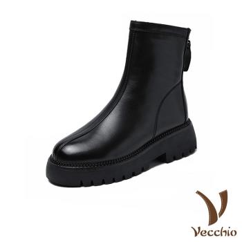 【VECCHIO】短靴 真皮短靴/全真皮頭層牛皮俐落版型後拉鍊造型短靴 黑