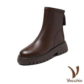 【VECCHIO】短靴 真皮短靴/全真皮頭層牛皮俐落版型後拉鍊造型短靴 棕