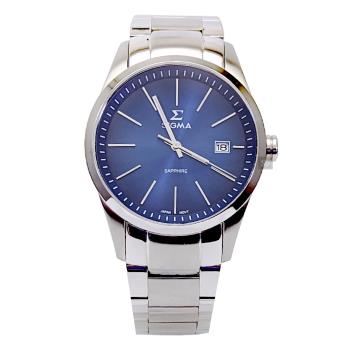 【SIGMA】9814M-3 簡約時尚 藍寶石鏡面 日期顯示 鋼錶帶男錶 藍/銀 41mm 平價實惠好選擇