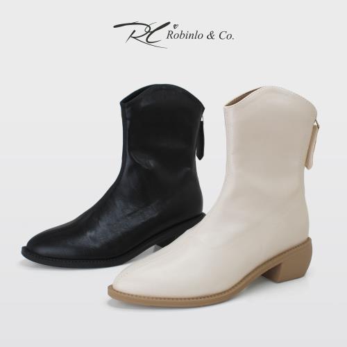 Robinlo時尚品味率性尖頭低跟短靴DEVAN-魅力黑/氣質白