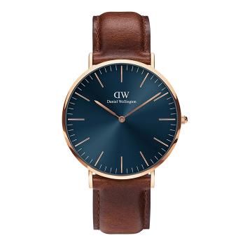 【Daniel Wellington】Classic 簡約時尚 DW00100626 皮錶帶男錶 藍/玫瑰金 40mm DW男錶