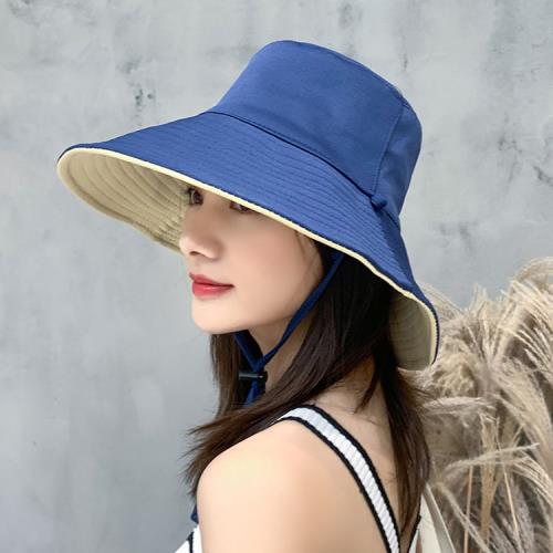 日本 BEAUTYJAPAN 抗UV透氣雙面可戴可拆卸防風繩大寬檐防曬帽BJ2118藍/米色