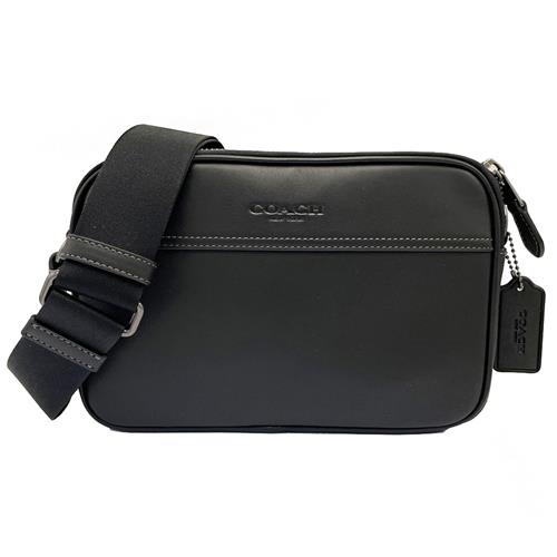 【COACH】素面牛皮中性男款斜背雙層郵差包(黑)