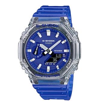 【CASIO】卡西歐 G-SHOCK 農家橡樹 八角造型 200米防水電子錶 運動雙顯錶 GA-2100HC-2A 藍/透明白