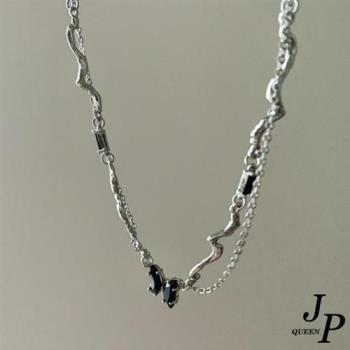 Jpqueen 冷淡黑蝴蝶波浪雙層鈦鋼項鍊(銀色)