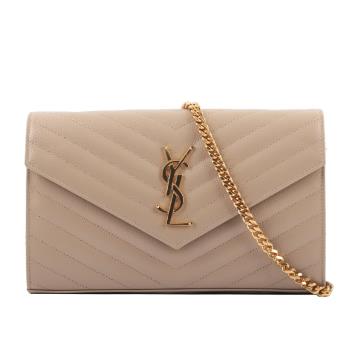 YSL V紋荔枝皮金色LOGO WOC 斜背包(深米色) 377828 BOW01 2721