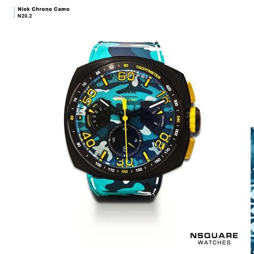 【NSQUARE】NICK CHRONO CAMO迷彩系列 潮水藍  51mm 橡膠運動風腕錶 G0369-N20.2