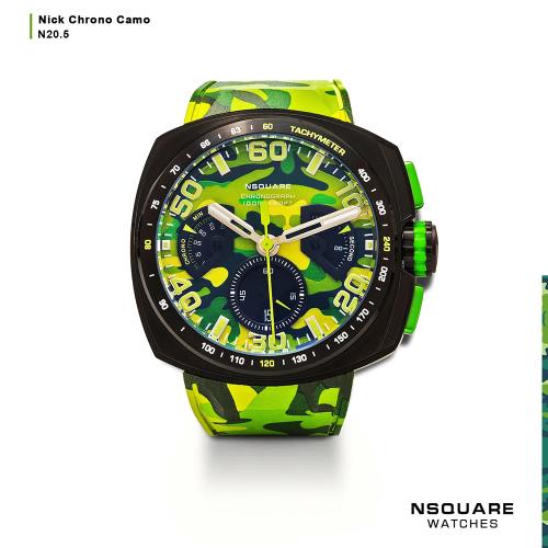 【NSQUARE】NICK CHRONO CAMO迷彩系列 若草綠  51mm 橡膠運動風腕錶 G0369-N20.5