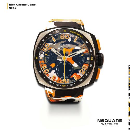 【NSQUARE】NICK CHRONO CAMO迷彩系列 活力橙  51mm 橡膠運動風腕錶 G0369-N20.4
