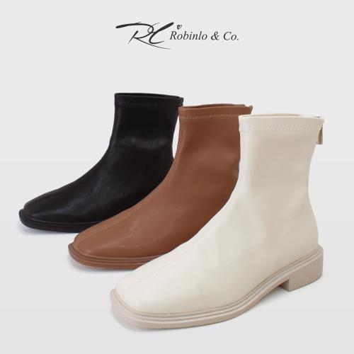 Robinlo質感瘦腿素面方頭低跟短靴DARIAN-魅力黑/蜜糖棕/氣質白