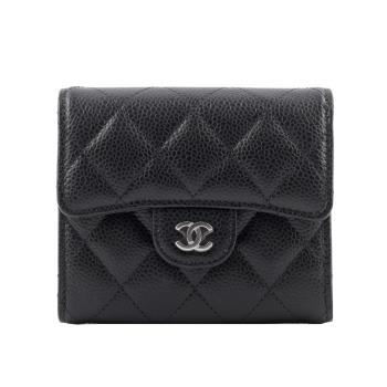 CHANEL 銀色CC Logo 菱格紋荔枝牛皮三折短夾(黑色) AP0231 Y01588 C3906