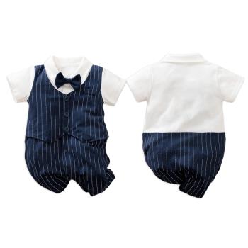 Colorland-新生兒連身裝 哈衣 嬰兒短袖連身衣 包屁衣 藏青條紋紳士款 下擺開扣
