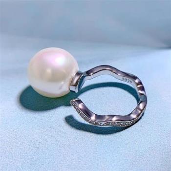 【米蘭精品】珍珠戒指925純銀開口戒-14mm貝珠鑲鑽幾何女飾品74gh17