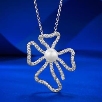 【米蘭精品】珍珠項鍊925純銀吊墜-天然8mm貝珠鑲鑽女飾品74gh14