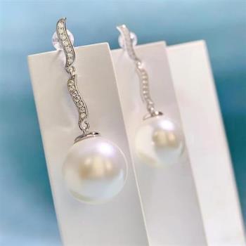 【米蘭精品】珍珠耳環925純銀耳針-14mm貝珠鑲鑽長款女飾品74gh26