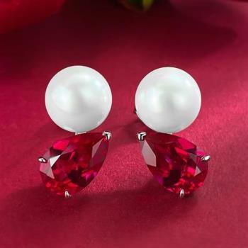 【米蘭精品】珍珠耳環925純銀耳針-8*12mm鋯石10mm貝珠女飾品74gh21