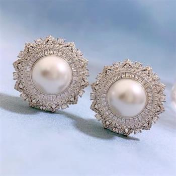 【米蘭精品】珍珠耳環925純銀耳針-花形12mm貝珠鑲鑽女飾品74gh6