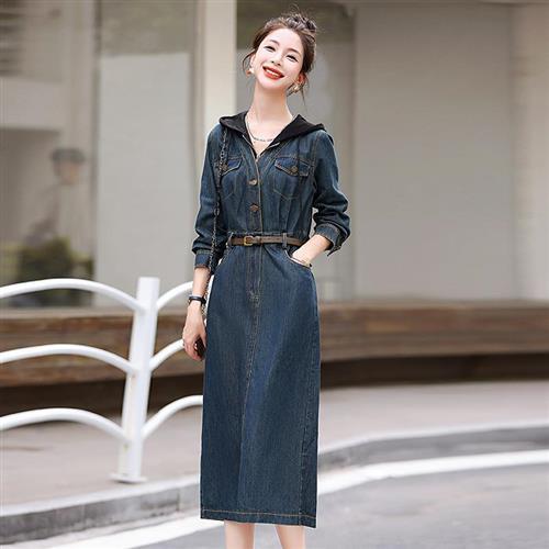 【米蘭精品】牛仔洋裝連身長裙-時尚顯瘦小個子連帽女裙子74ga4