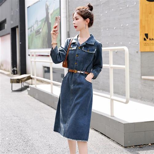 【米蘭精品】牛仔洋裝連身長裙-休閒復古顯瘦POLO領女裙子2色74ga7