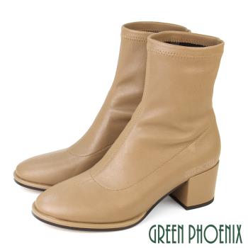 GREEN PHOENIX 女 短靴 粗跟 高跟 素面 小羊皮 真皮 萊卡 短筒U21-23523