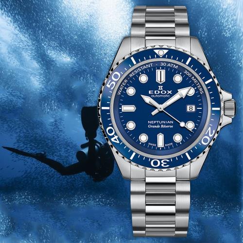 EDOX 伊度Neptunian 海神68H超動能300米潛水機械錶-藍/42mm(E80801