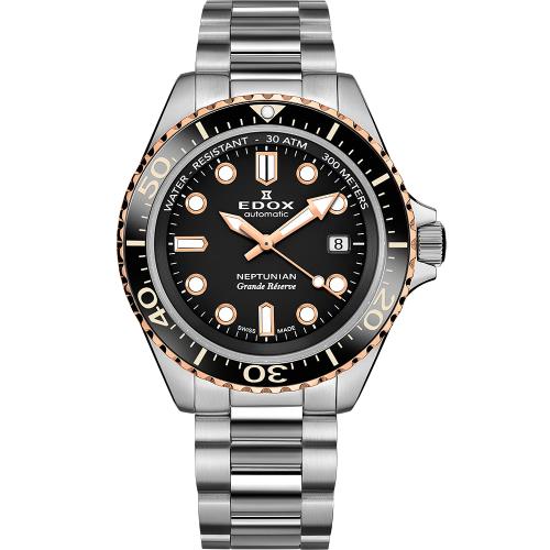 EDOX 伊度Neptunian 海神68H超動能300米潛水機械錶-黑x玫瑰金/42mm