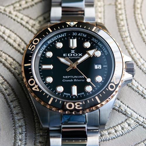 EDOX 伊度Neptunian 海神68H超動能300米潛水機械錶-黑x玫瑰金/42mm