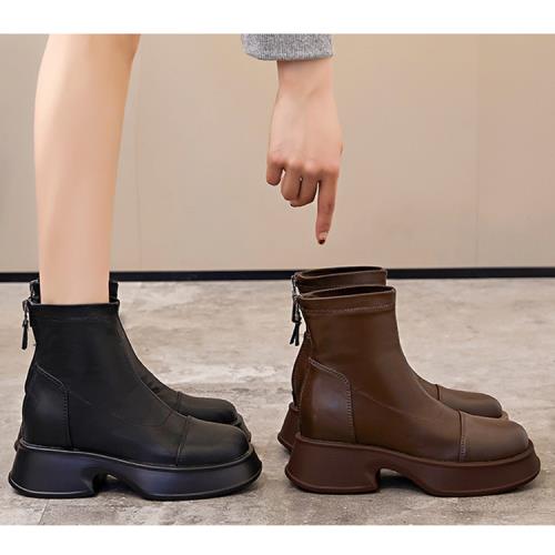 Sp house 成熟單色真皮內增高粗跟短靴(2色可選)