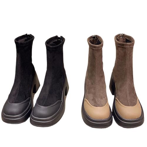  Sp house 青春彈力復古粗跟圓頭短靴(2色可選)