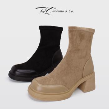 Robinlo時尚迷人異材質拼接高跟厚底襪靴HARVIE-個性黑/質感棕