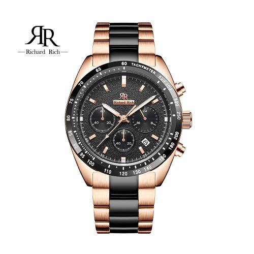 【Richard Rich】RR 星際霸主系列 玫黑帶黑面計時三眼陶瓷圈隕石面不鏽鋼腕錶