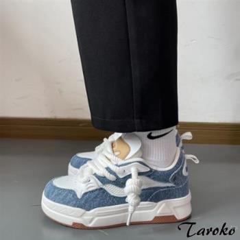 Taroko 萬年不敗牛仔拼布透氣圓頭厚底休閒鞋(白藍色)