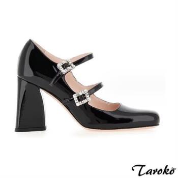 Taroko 法式高雅全真羊皮水鑽一字扣方頭粗高跟鞋(黑色)