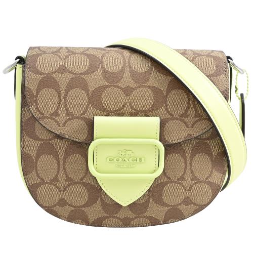 COACH CJ615 馬車LOGO印花翻蓋斜背馬鞍包.卡其/淺綠
