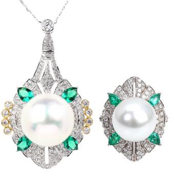 ANGEL 女神風範華麗綠晶珍珠項鍊耳環戒指可選(綠鑽)