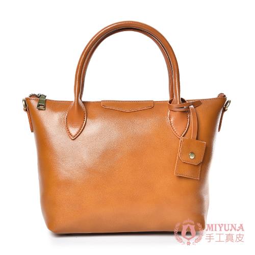 【MIYUNA米友娜】真皮植鞣牛皮Rozalia復古簡約水餃手提斜背包(真皮包包 夕陽棕)